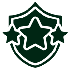 Shield icon with three stars in dark green, symbolizing quality and reliability